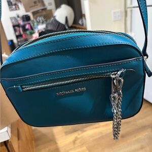Michael Kors Teal Leather Crossbody with Silver Chain Charm